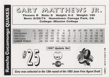1997 Grandstand Rancho Cucamonga Quakes Update #2 Gary Matthews Jr. Back