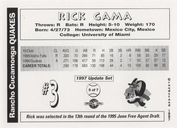 1997 Grandstand Rancho Cucamonga Quakes Update #5 Rick Gama Back