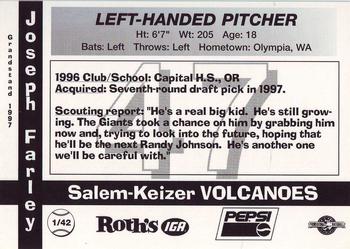 1997 Grandstand Salem-Keizer Volcanoes #1 Joseph Farley Back