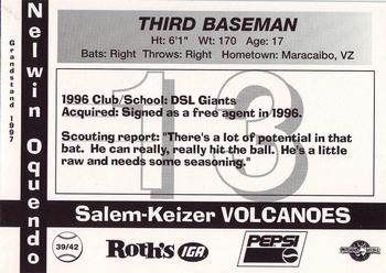 1997 Grandstand Salem-Keizer Volcanoes #39 Nelwin Oquendo Back