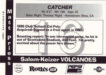 1997 Grandstand Salem-Keizer Volcanoes #33 Matt Priess Back