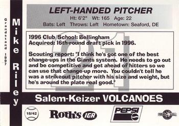 1997 Grandstand Salem-Keizer Volcanoes #18 Michael Riley Back
