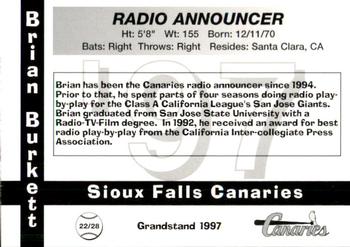 1997 Grandstand Sioux Falls Canaries #NNO Brian Burkett Back