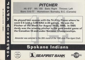 1997 Grandstand Spokane Indians #1 Jordy Alexander Back