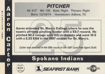 1997 Grandstand Spokane Indians #6 Aaron Carter Back