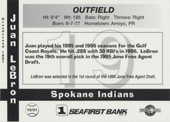 1997 Grandstand Spokane Indians #15 Juan LeBron Back