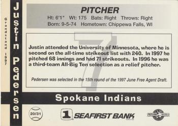 1997 Grandstand Spokane Indians #20 Justin Pederson Back