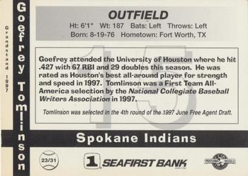1997 Grandstand Spokane Indians #23 Goefrey Tomlinson Back