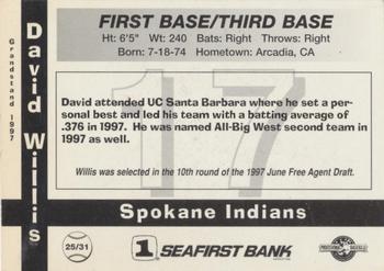 1997 Grandstand Spokane Indians #25 David Willis Back