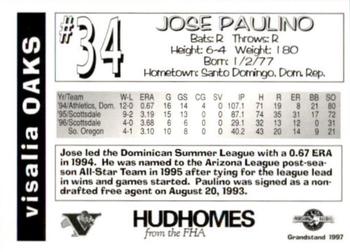 1997 Grandstand Visalia Oaks #NNO Jose Paulino Back