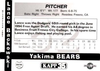 1997 Grandstand Yakima Bears #28 Lance Backowski Back