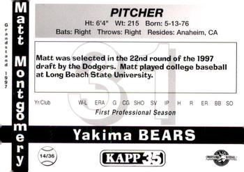 1997 Grandstand Yakima Bears #14 Matt Montgomery Back