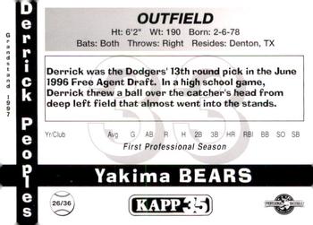 1997 Grandstand Yakima Bears #26 Derrick Peoples Back