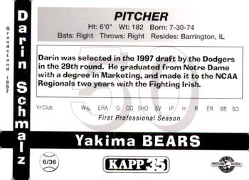 1997 Grandstand Yakima Bears #6 Darin Schmalz Back