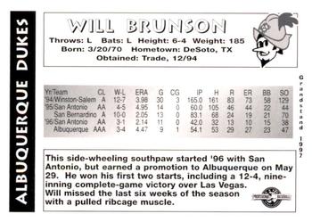 1997 Grandstand Albuquerque Dukes #NNO Will Brunson Back