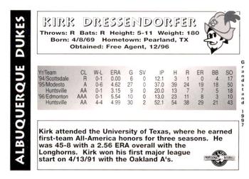 1997 Grandstand Albuquerque Dukes #NNO Kirk Dressendorfer Back