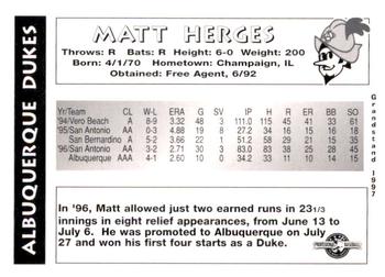 1997 Grandstand Albuquerque Dukes #NNO Matt Herges Back