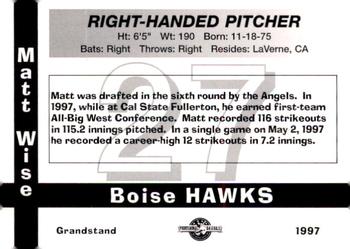 1997 Grandstand Boise Hawks #NNO Matt Wise Back