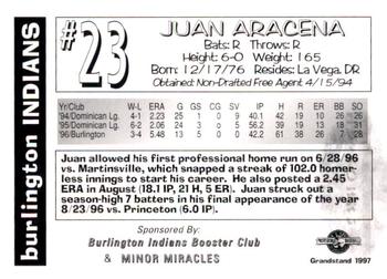 1997 Grandstand Burlington Indians #NNO Juan Aracena Back