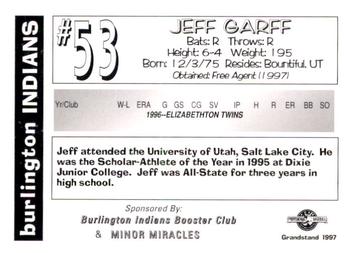 1997 Grandstand Burlington Indians #NNO Jeff Garff Back