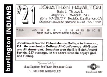 1997 Grandstand Burlington Indians #NNO Jonathan Hamilton Back
