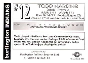 1997 Grandstand Burlington Indians #NNO Todd Harding Back