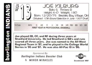 1997 Grandstand Burlington Indians #NNO Joe Kilburg Back