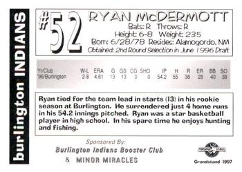 1997 Grandstand Burlington Indians #NNO Ryan McDermott Back