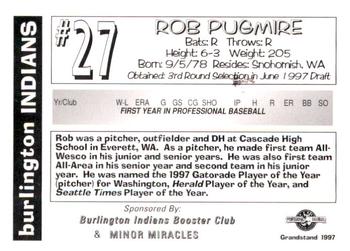 1997 Grandstand Burlington Indians #NNO Rob Pugmire Back