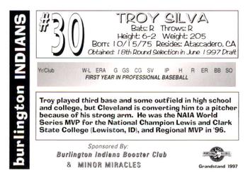 1997 Grandstand Burlington Indians #NNO Troy Silva Back