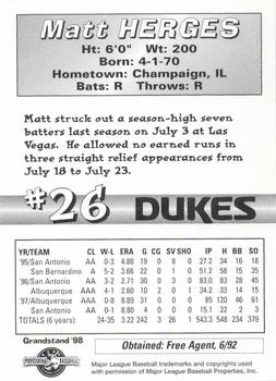 1998 Grandstand Albuquerque Dukes #NNO Matt Herges Back