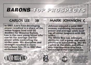 1998 Grandstand Birmingham Barons #NNO Top Prospects (Carlos Lee / Mark Johnson) Back