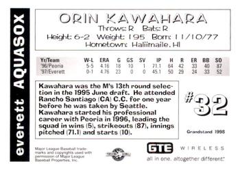 1998 Grandstand Everett AquaSox #NNO Orin Kawahara Back