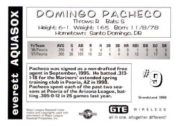 1998 Grandstand Everett AquaSox #NNO Domingo Pacheco Back