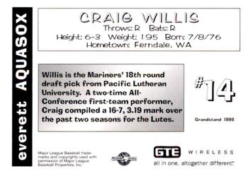1998 Grandstand Everett AquaSox #NNO Craig Willis Back