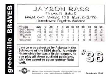 1998 Grandstand Greenville Braves #NNO Jayson Bass Back