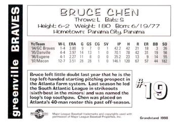 1998 Grandstand Greenville Braves #NNO Bruce Chen Back