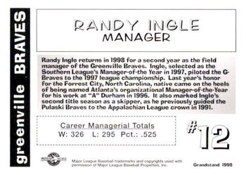 1998 Grandstand Greenville Braves #NNO Randy Ingle Back