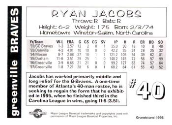 1998 Grandstand Greenville Braves #NNO Ryan Jacobs Back