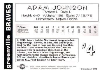 1998 Grandstand Greenville Braves #NNO Adam Johnson Back
