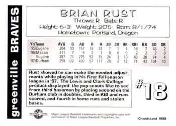 1998 Grandstand Greenville Braves #NNO Brian Rust Back