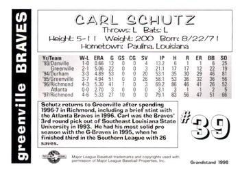 1998 Grandstand Greenville Braves #NNO Carl Schutz Back