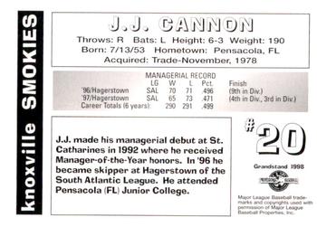 1998 Grandstand Knoxville Smokies #NNO J.J. Cannon Back