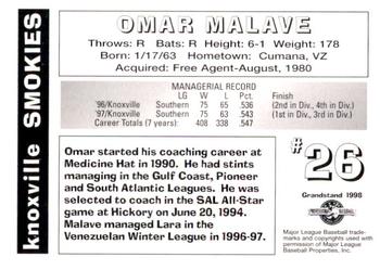 1998 Grandstand Knoxville Smokies #NNO Omar Malave Back
