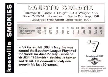 1998 Grandstand Knoxville Smokies #NNO Fausto Solano Back