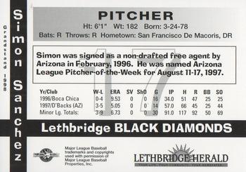 1998 Grandstand Lethbridge Black Diamonds #NNO Simon Sanchez Back
