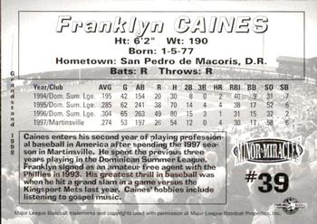 1998 Grandstand Martinsville Phillies #NNO Franklyn Caines Back