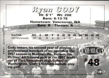 1998 Grandstand Martinsville Phillies #NNO Ryan Cody Back