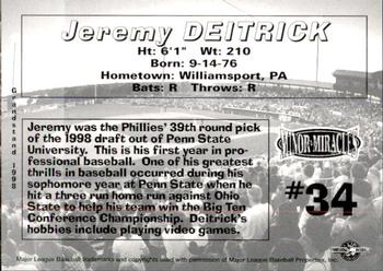 1998 Grandstand Martinsville Phillies #NNO Jeremy Deitrick Back