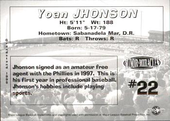 1998 Grandstand Martinsville Phillies #NNO Yoan Jhonson Back